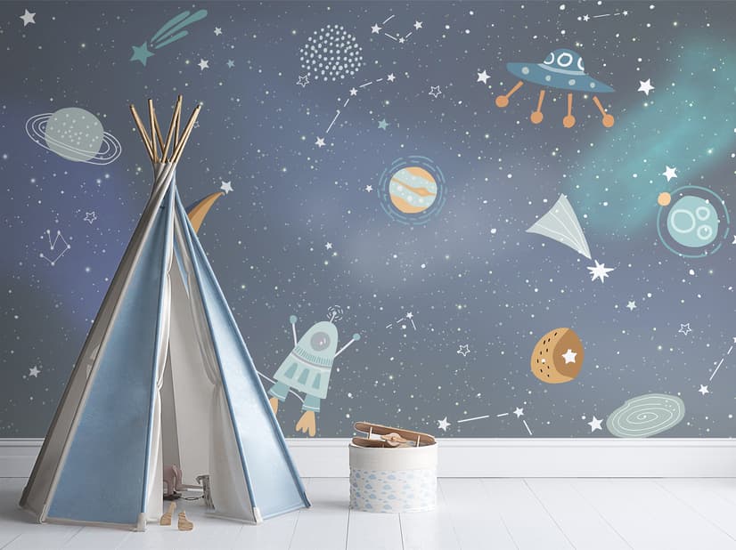 Kids Cartoon Space with Colorful Planets and Little Stars Wallpaper Mural