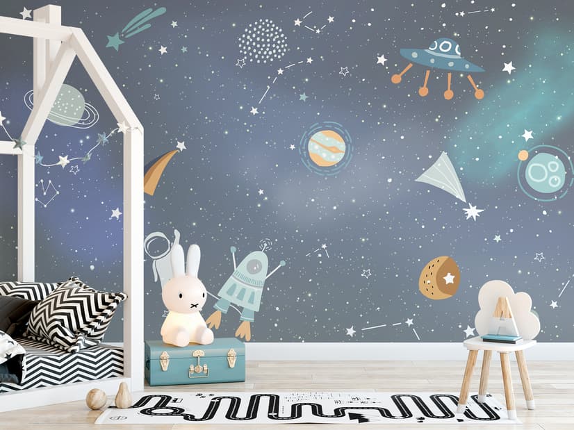 Papier peint panoramique de l'espace avec des planètes colorées et des petites étoiles pour les enfants