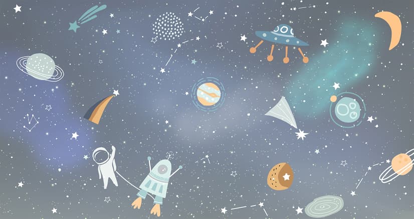 Kids Cartoon Space with Colorful Planets and Little Stars Wallpaper Mural