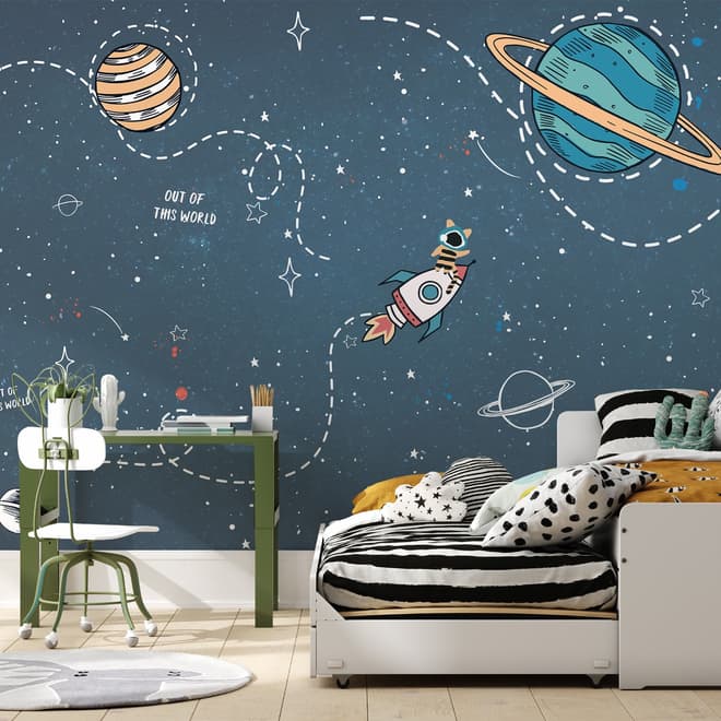 Kids Shining Cartoon Space with White Stripe Wallpaper Mural