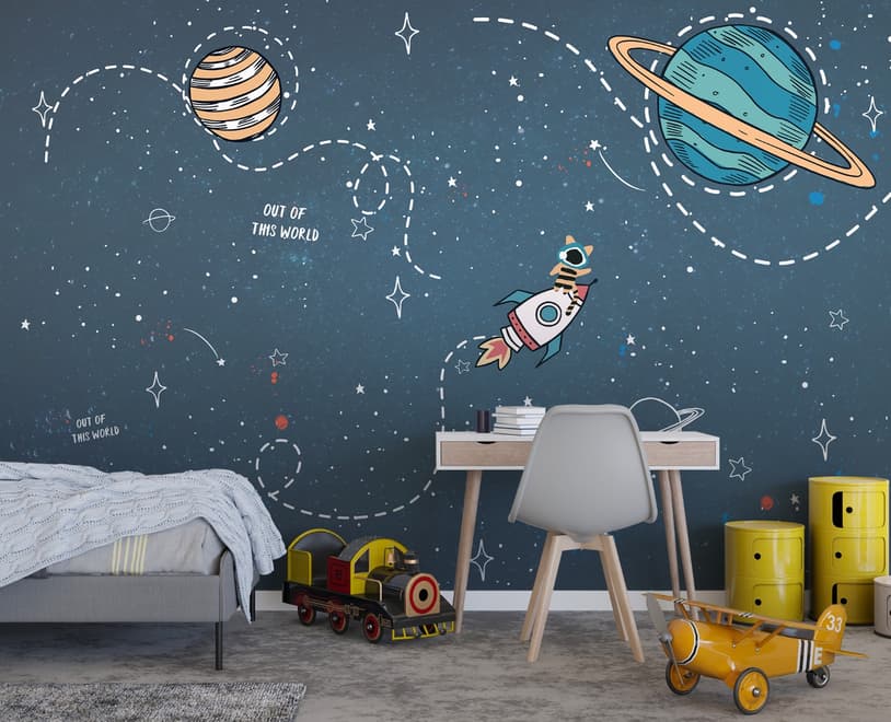 Kids Shining Cartoon Space with White Stripe Wallpaper Mural