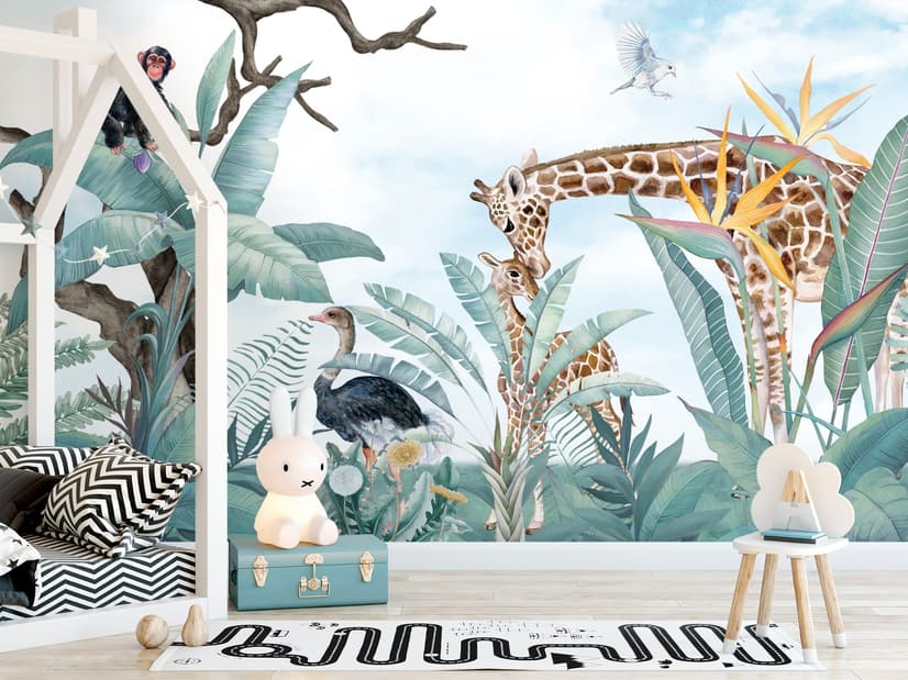 Kids Safari Animals with Fresh Tropical Leaves Wallpaper Mural