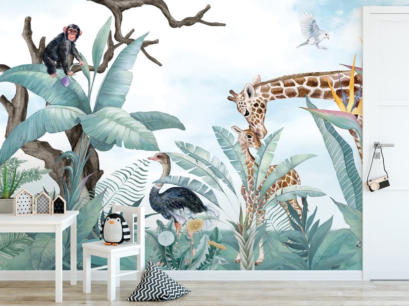 Kids Safari Animals with Fresh Tropical Leaves Wallpaper Mural