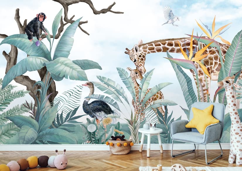 Kids Safari Animals with Fresh Tropical Leaves Wallpaper Mural