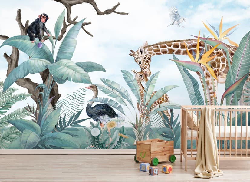 Kids Safari Animals with Fresh Tropical Leaves Wallpaper Mural