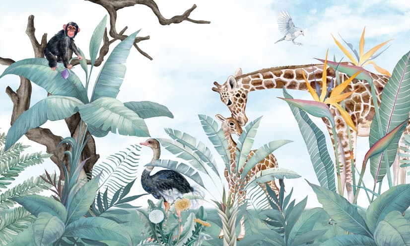 Kids Safari Animals with Fresh Tropical Leaves Wallpaper Mural