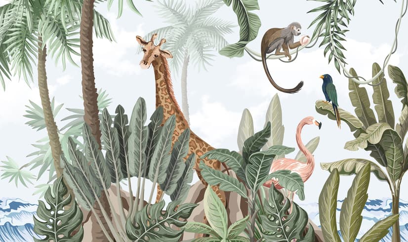 Kids Nursery Pink Flamingo and Cute Giraffe Safari Animals Wallpaper Mural