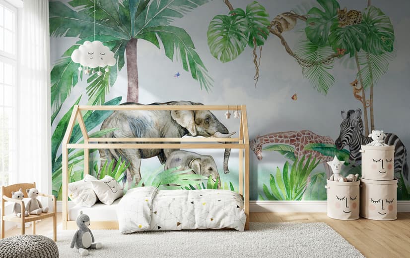 Papier peint panoramique de la forêt tropicale des enfants avec des animaux mignons de Safari