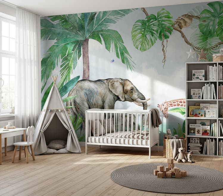 Kids Tropical Forest with Cute Safari Animals Wallpaper Mural