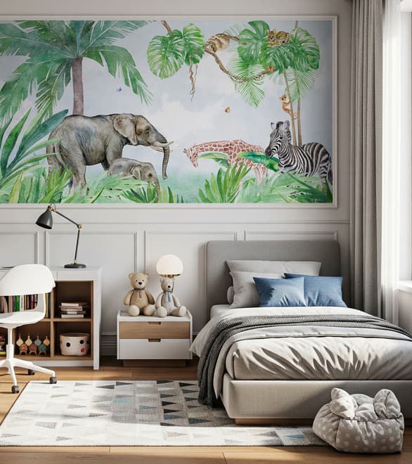 Kids Tropical Forest with Cute Safari Animals Wallpaper Mural
