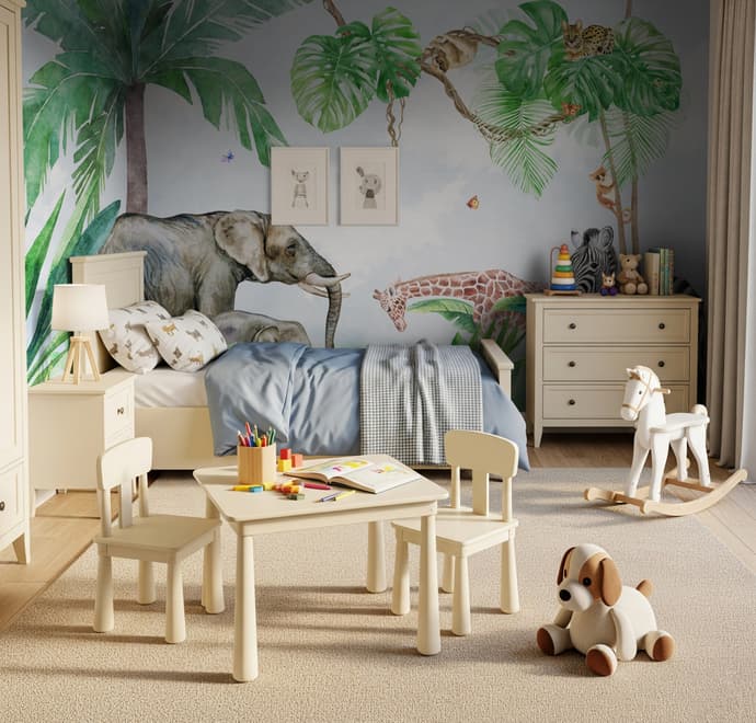 Kids Tropical Forest with Cute Safari Animals Wallpaper Mural