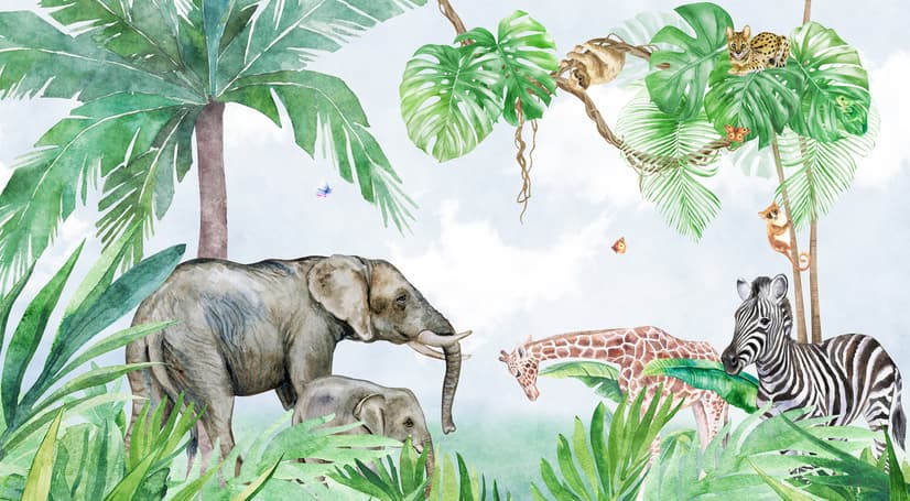 Kids Tropical Forest with Cute Safari Animals Wallpaper Mural