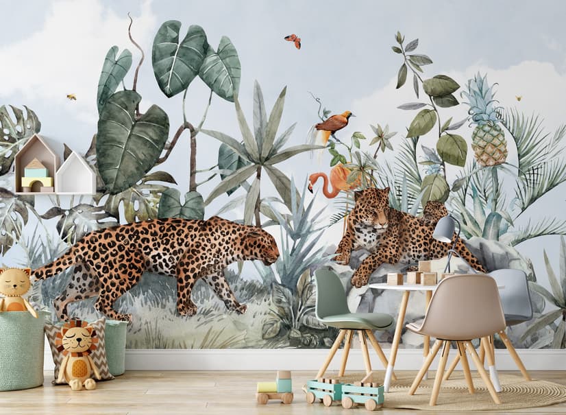 Kids Watercolor Forest with Leopard Wild Animals Wallpaper Mural