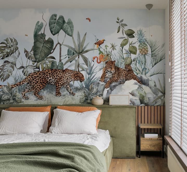 Kids Watercolor Forest with Leopard Wild Animals Wallpaper Mural