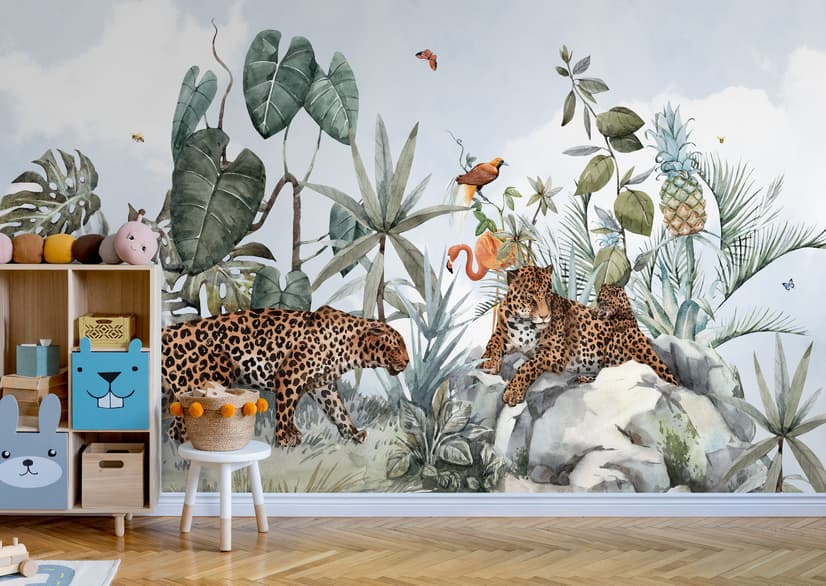Kids Watercolor Forest with Leopard Wild Animals Wallpaper Mural