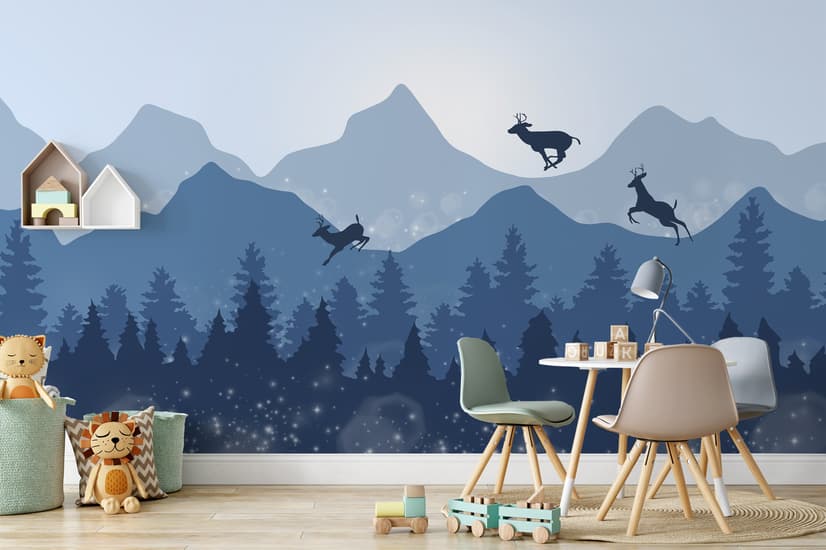 Monochrome Dark Blue Snowy Forest with Horned Deer Silhouette for Kids Nursery Wallpaper Mural