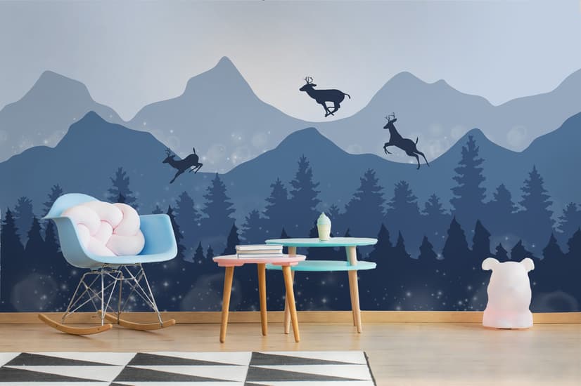 Monochrome Dark Blue Snowy Forest with Horned Deer Silhouette for Kids Nursery Wallpaper Mural