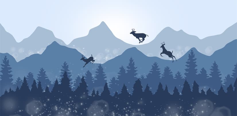 Monochrome Dark Blue Snowy Forest with Horned Deer Silhouette for Kids Nursery Wallpaper Mural