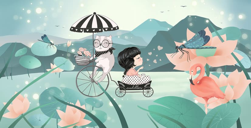 Cute Little Girl with Cat and Pink Lotus Cartoon Wallpaper Mural for Girls Room