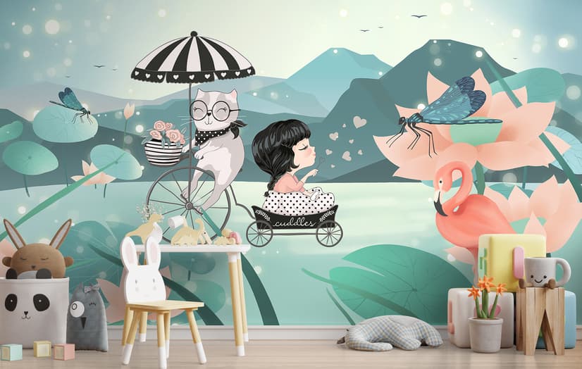 Cute Little Girl with Cat and Pink Lotus Cartoon Wallpaper Mural for Girls Room