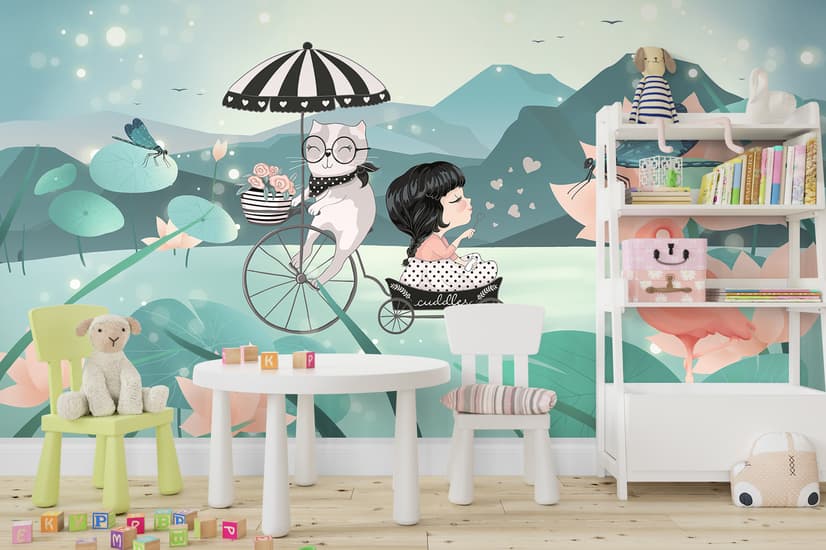 Cute Little Girl with Cat and Pink Lotus Cartoon Wallpaper Mural for Girls Room