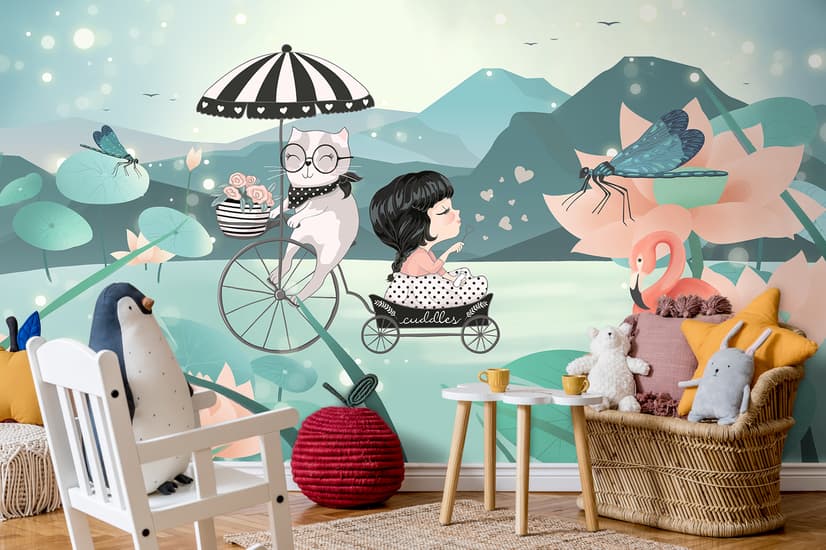 Cute Little Girl with Cat and Pink Lotus Cartoon Wallpaper Mural for Girls Room