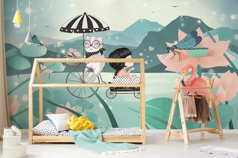 Cute Little Girl with Cat and Pink Lotus Cartoon Wallpaper Mural for Girls Room