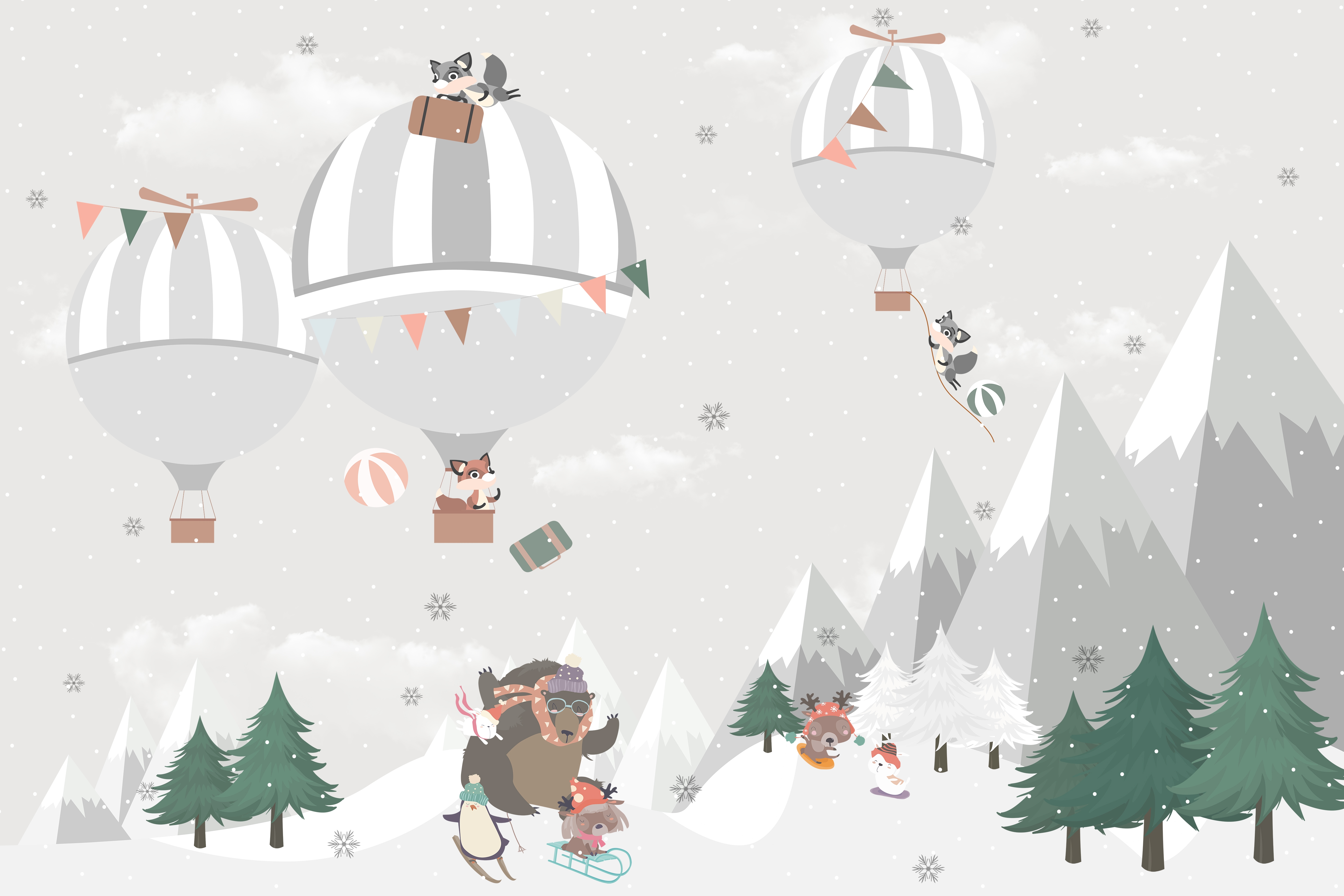 Cute Animals Playing Skate on the Snowy Mountain with Hot Air Balloon Wallpaper Mural