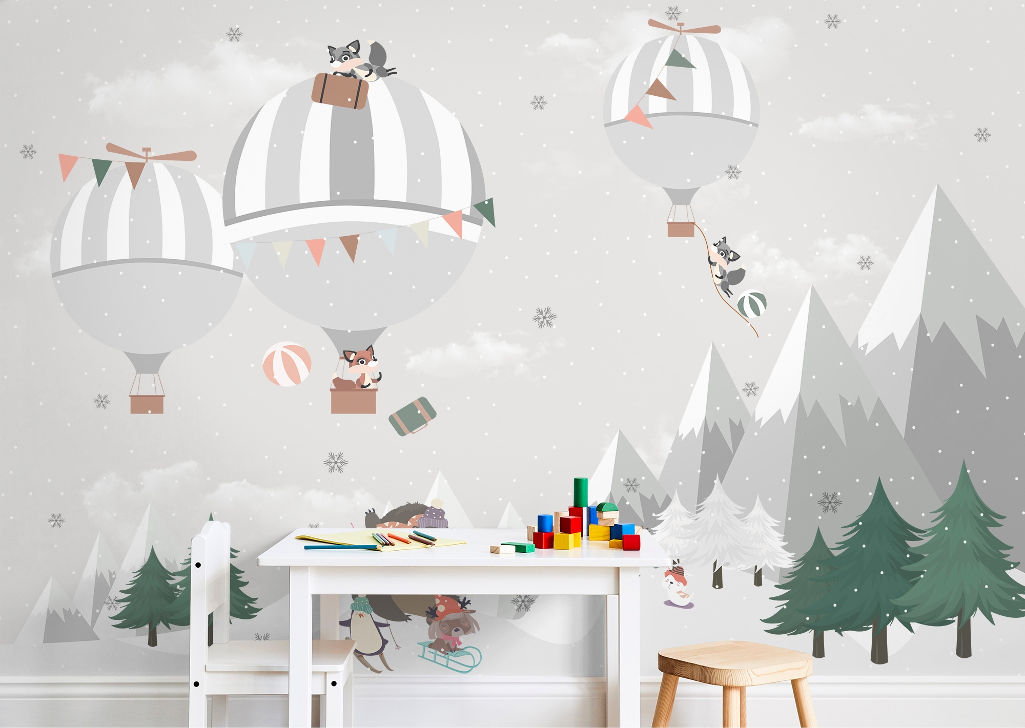 Cute Animals Playing Skate on the Snowy Mountain with Hot Air Balloon Wallpaper Mural