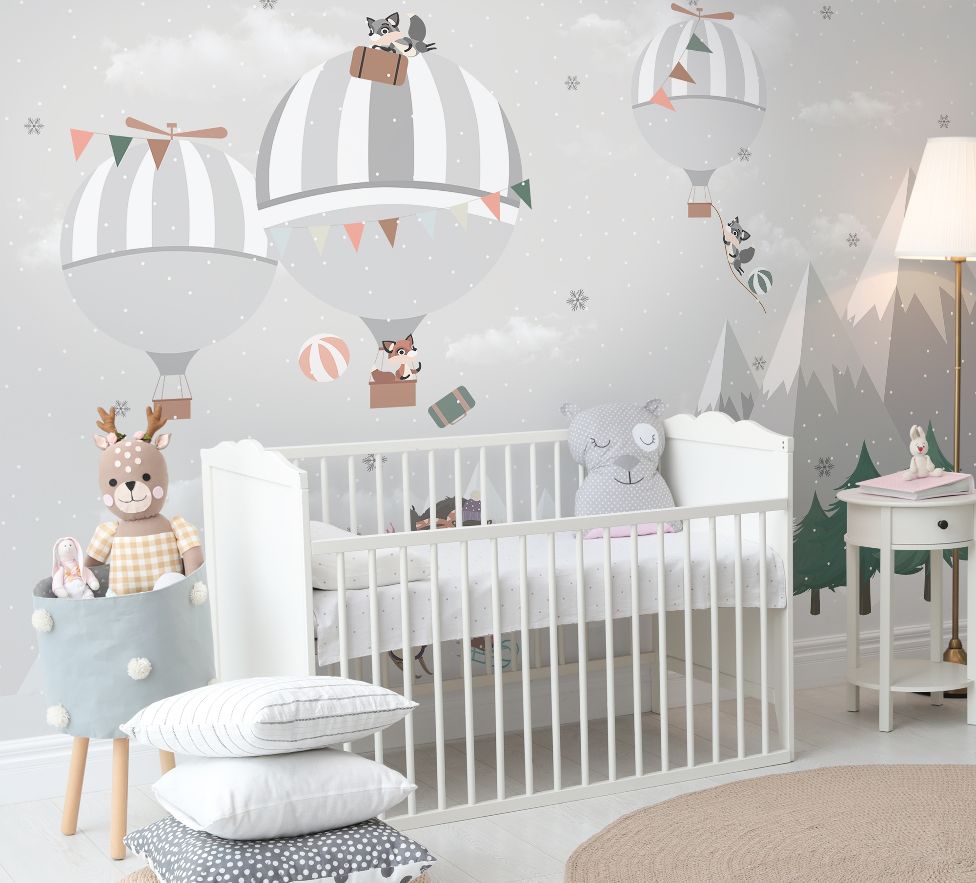 Cute Animals Playing Skate on the Snowy Mountain with Hot Air Balloon Wallpaper Mural
