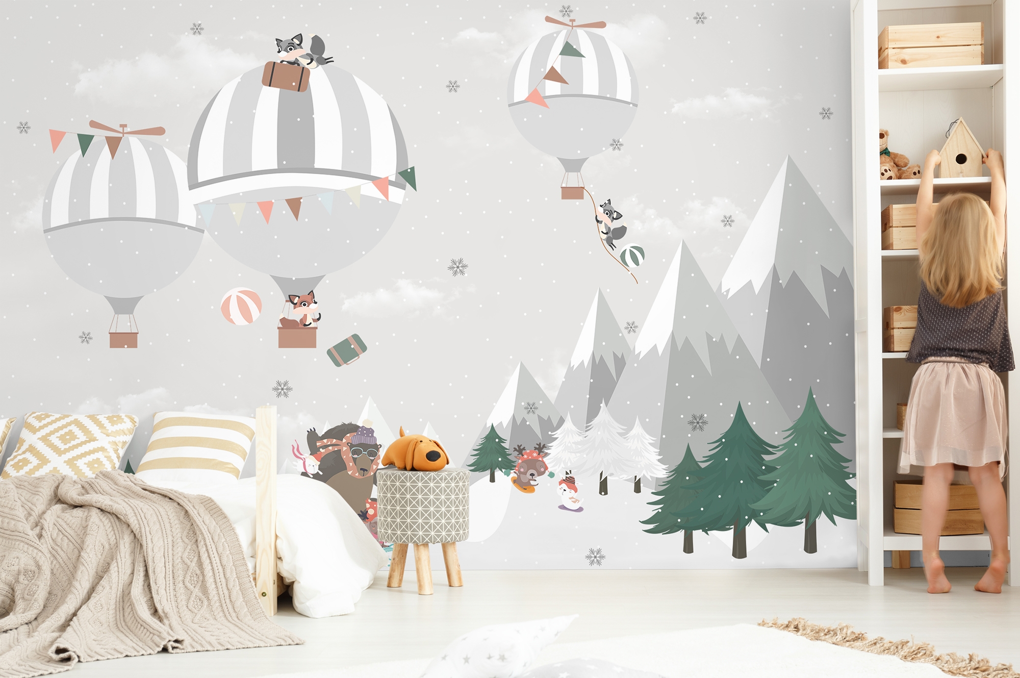 Cute Animals Playing Skate on the Snowy Mountain with Hot Air Balloon Wallpaper Mural