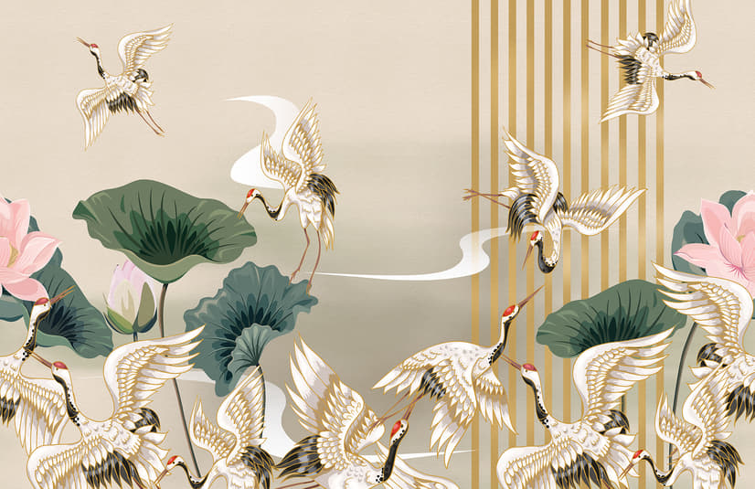Chinesische Kranichvögel mit Lotusblüten Fototapete