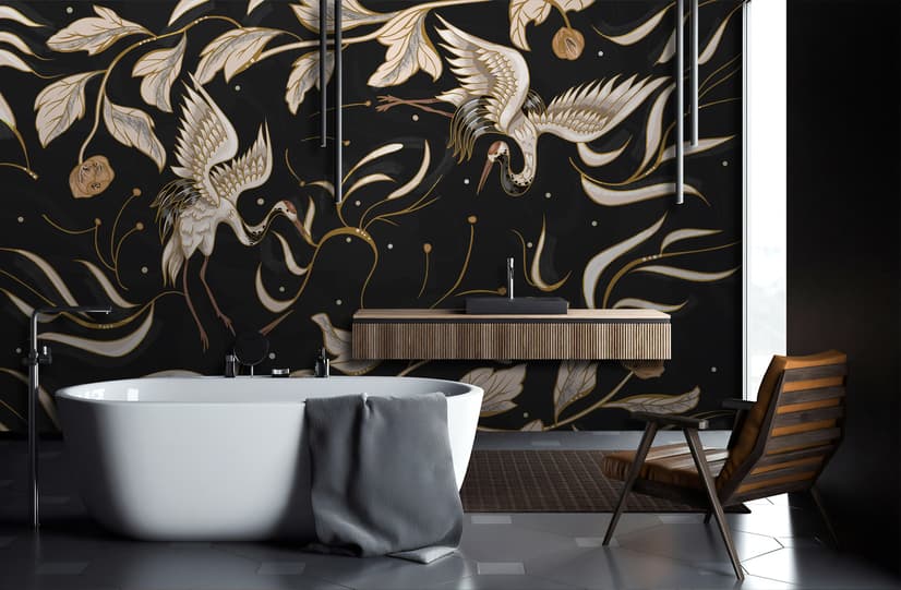 Dark Crane Birds and Brown Retro Florals Wallpaper Mural