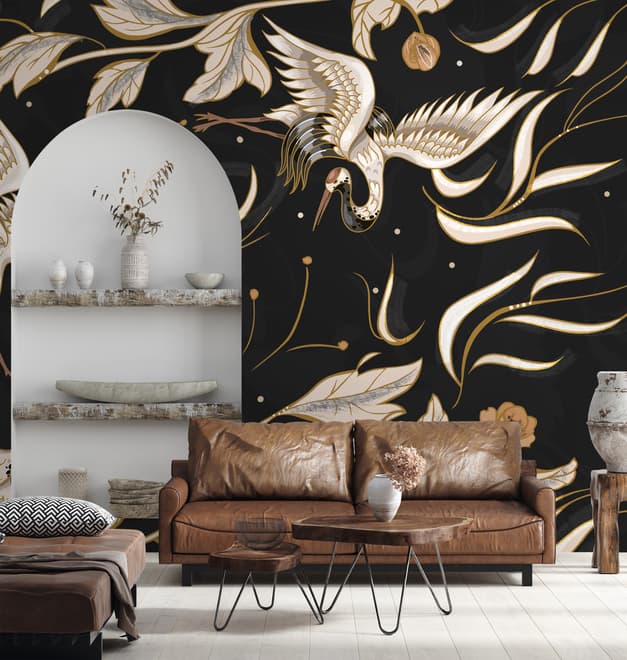 Dark Crane Birds and Brown Retro Florals Wallpaper Mural