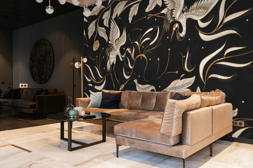 Dark Crane Birds and Brown Retro Florals Wallpaper Mural