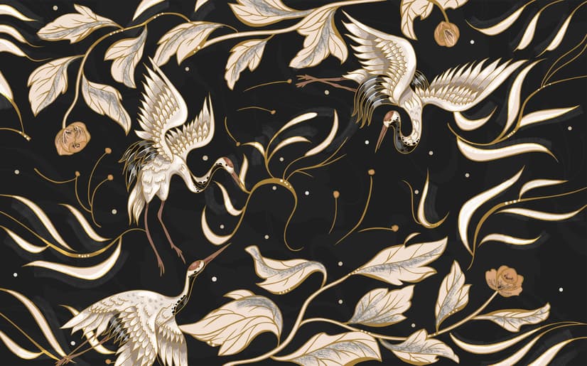 Dark Crane Birds and Brown Retro Florals Wallpaper Mural