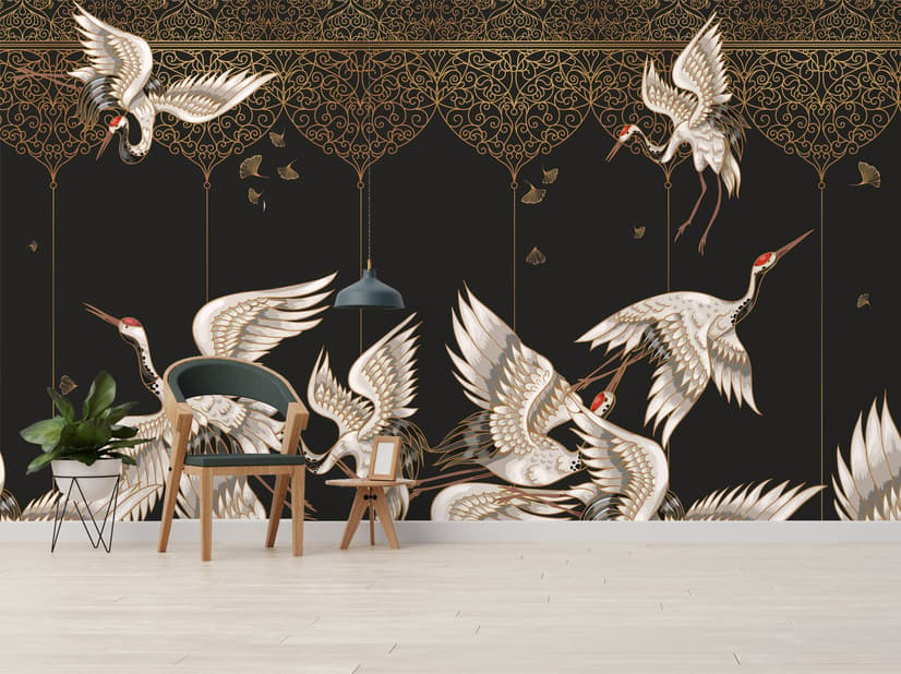 Asian Crane Birds and Ornaments Wallpaper Mural