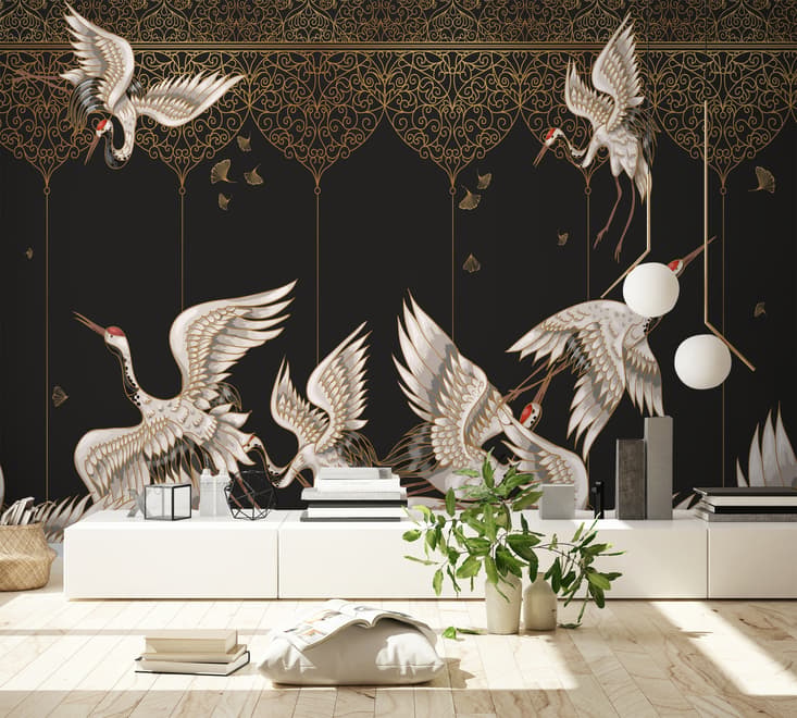 Asian Crane Birds and Ornaments Wallpaper Mural