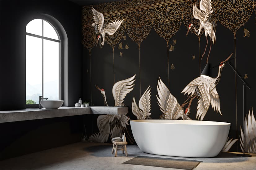 Asian Crane Birds and Ornaments Wallpaper Mural