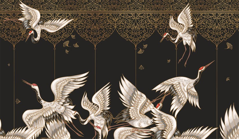 Asian Crane Birds and Ornaments Wallpaper Mural