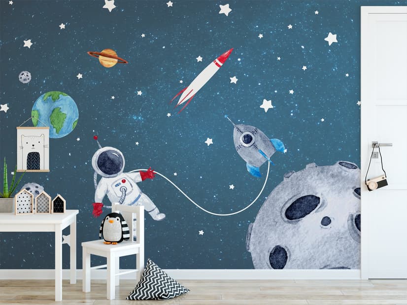 Watercolor Space with Astronaut and Meteor Wallpaper Mural