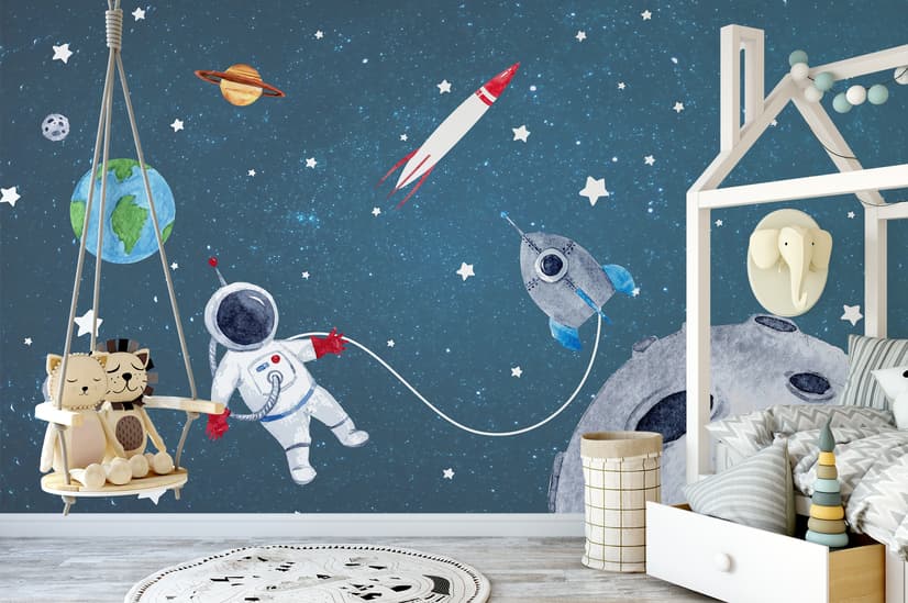 Watercolor Space with Astronaut and Meteor Wallpaper Mural