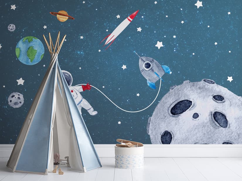 Watercolor Space with Astronaut and Meteor Wallpaper Mural
