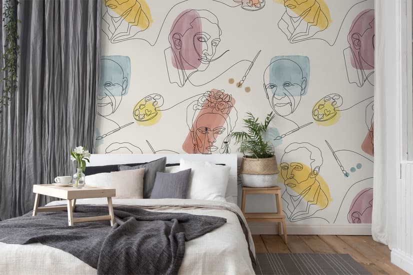 Artist Face Line Art with Colorful Abstract Brush Wallpaper Mural