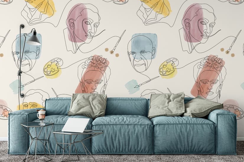 Artist Face Line Art with Colorful Abstract Brush Wallpaper Mural