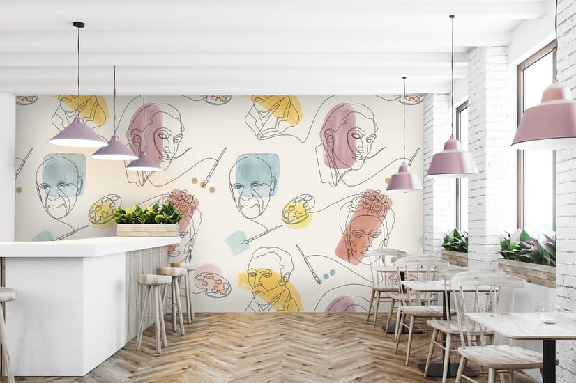 Artist Face Line Art with Colorful Abstract Brush Wallpaper Mural