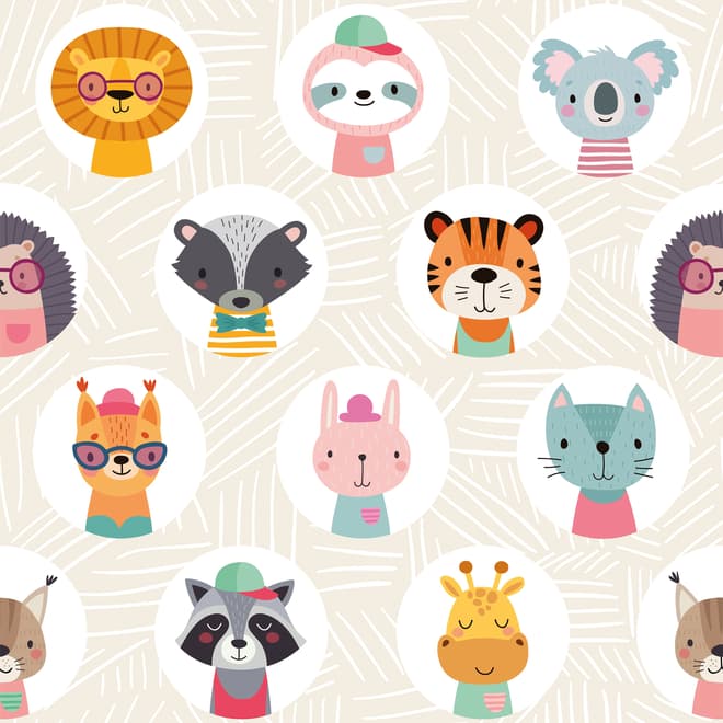 Kids Cute Safari Animals Pattern Wallpaper Mural