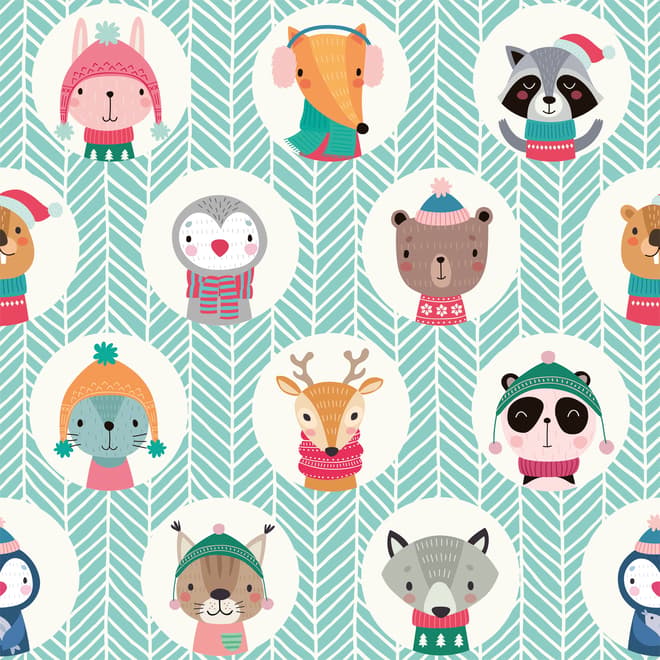 Kids Cute Winter Animals Pattern with Lines Wallpaper Mural