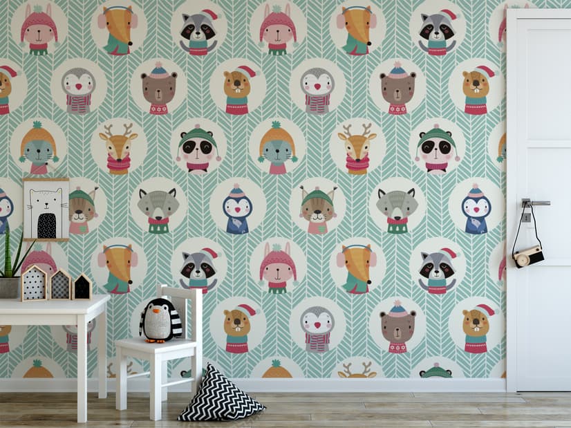 Kids Cute Winter Animals Pattern with Lines Wallpaper Mural