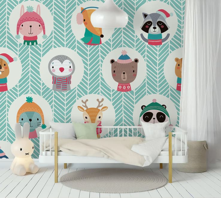 Kids Cute Winter Animals Pattern with Lines Wallpaper Mural